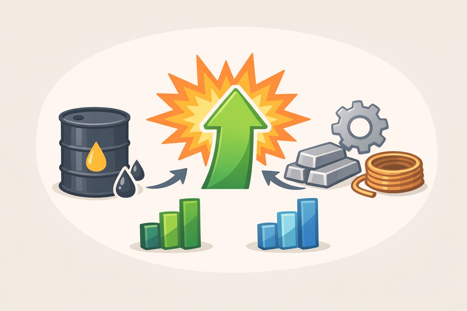 Illustration linking energy-shock inflation to rising oil and industrial metals prices, while highlighting commodities as a tactical hedge slice