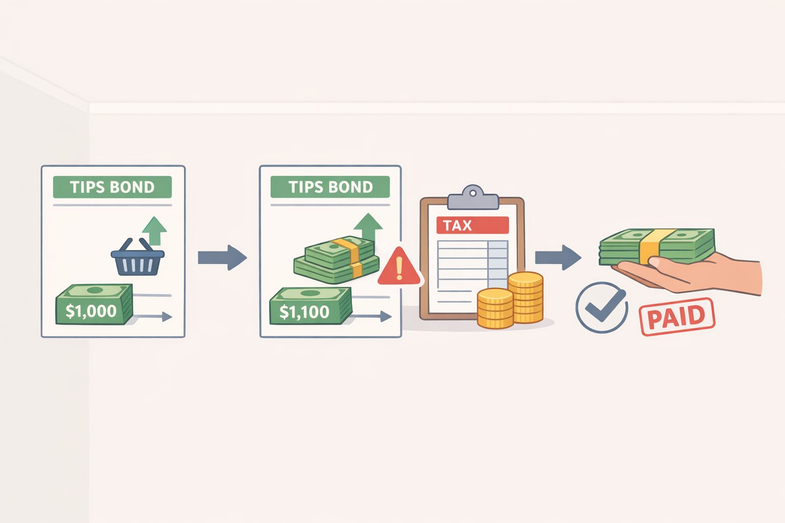 Diagram of TIPS principal adjusting with CPI while a tax bill accumulates each year before the investor receives cash at maturity