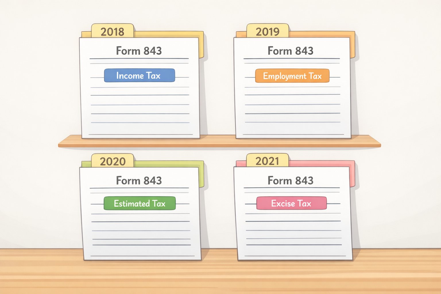 Illustration showing four separate Form 843 packets labeled for tax years 2019, 2020, 2021, and 2022, each grouped by tax type