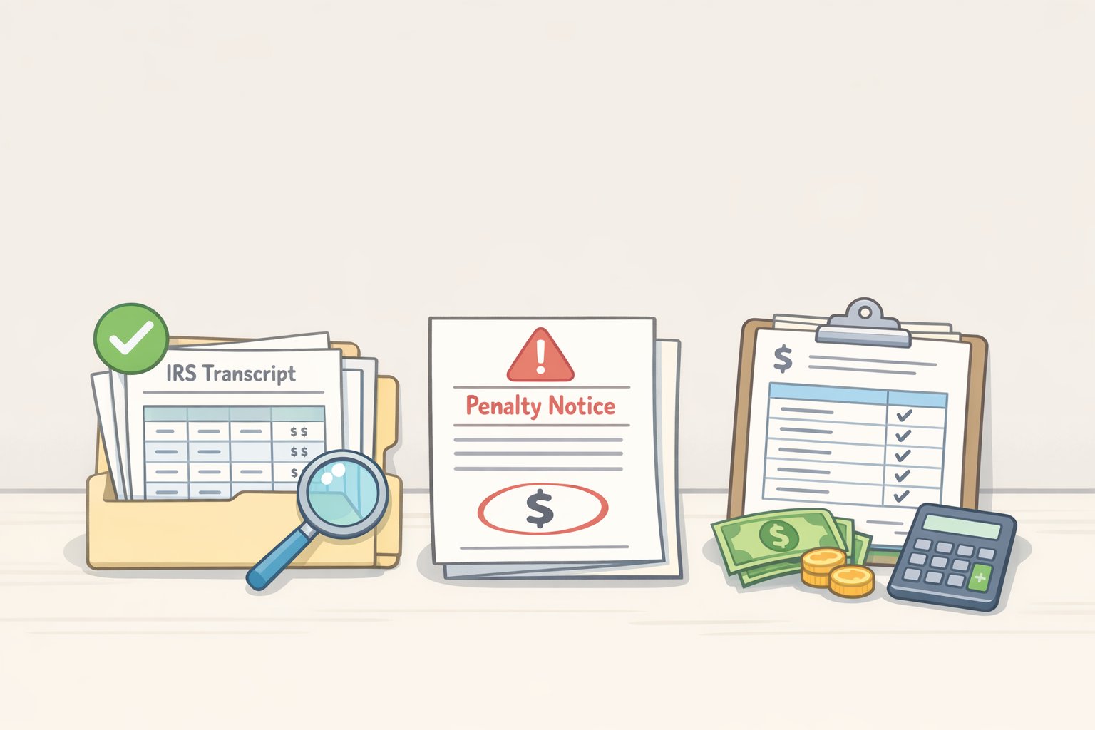Illustration of a taxpayer assembling IRS account transcript printouts, penalty notices, and payment records laid out beside Form 843