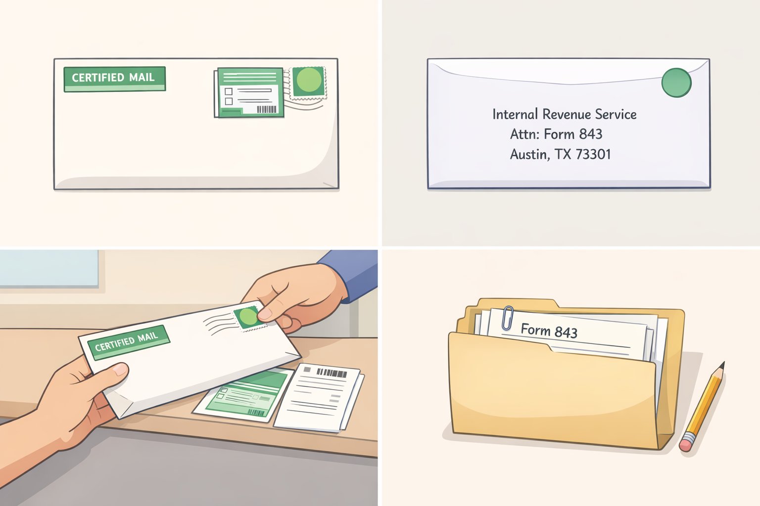 Illustration of a mailed Form 843 envelope addressed to the correct IRS service center with certified mail tracking, return receipt, and a retained copy for records