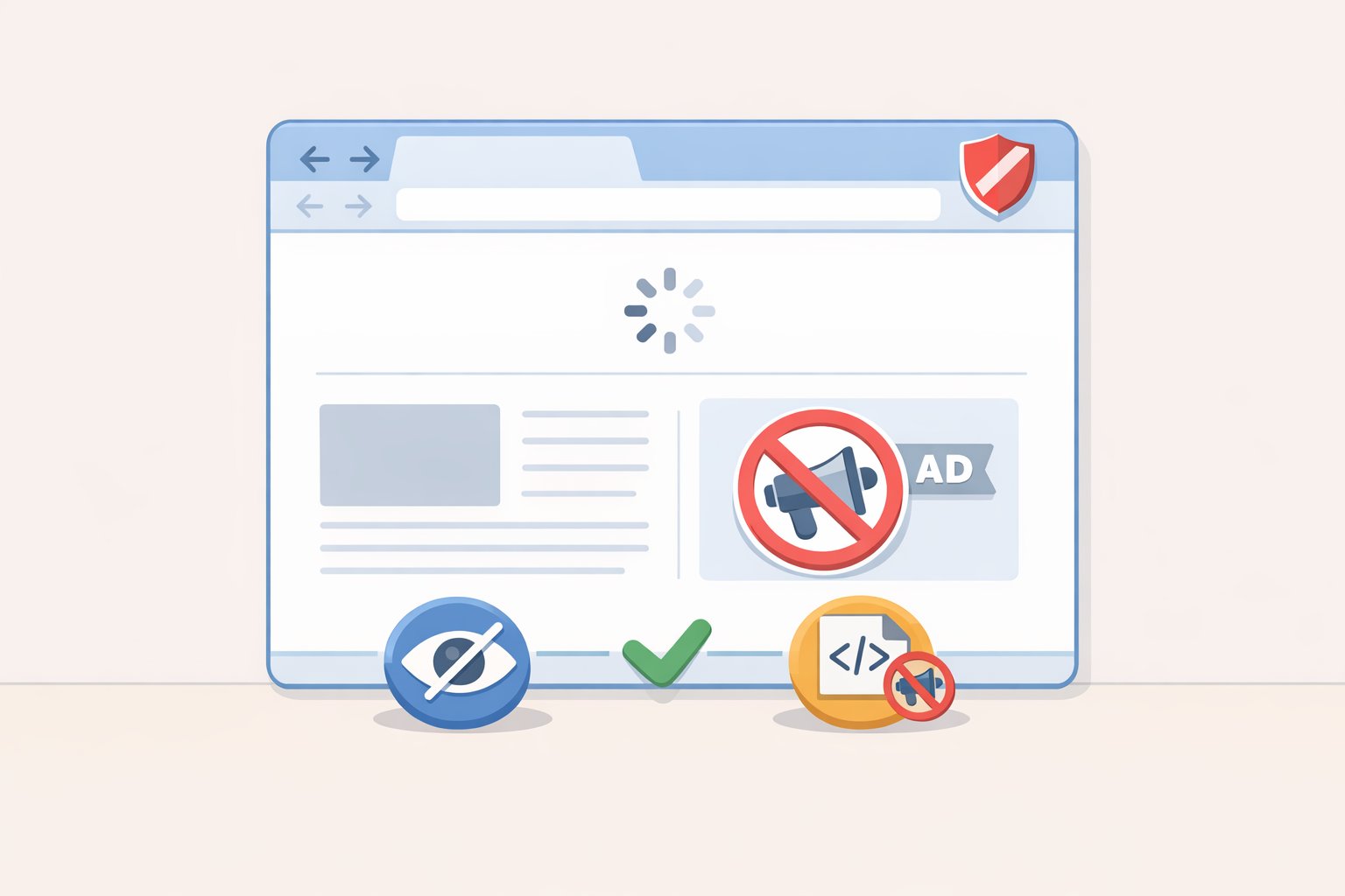 Illustration of a webpage where ad scripts, tracking pixels, and third-party analytics calls are blocked by uBlock Origin or Brave Shields
