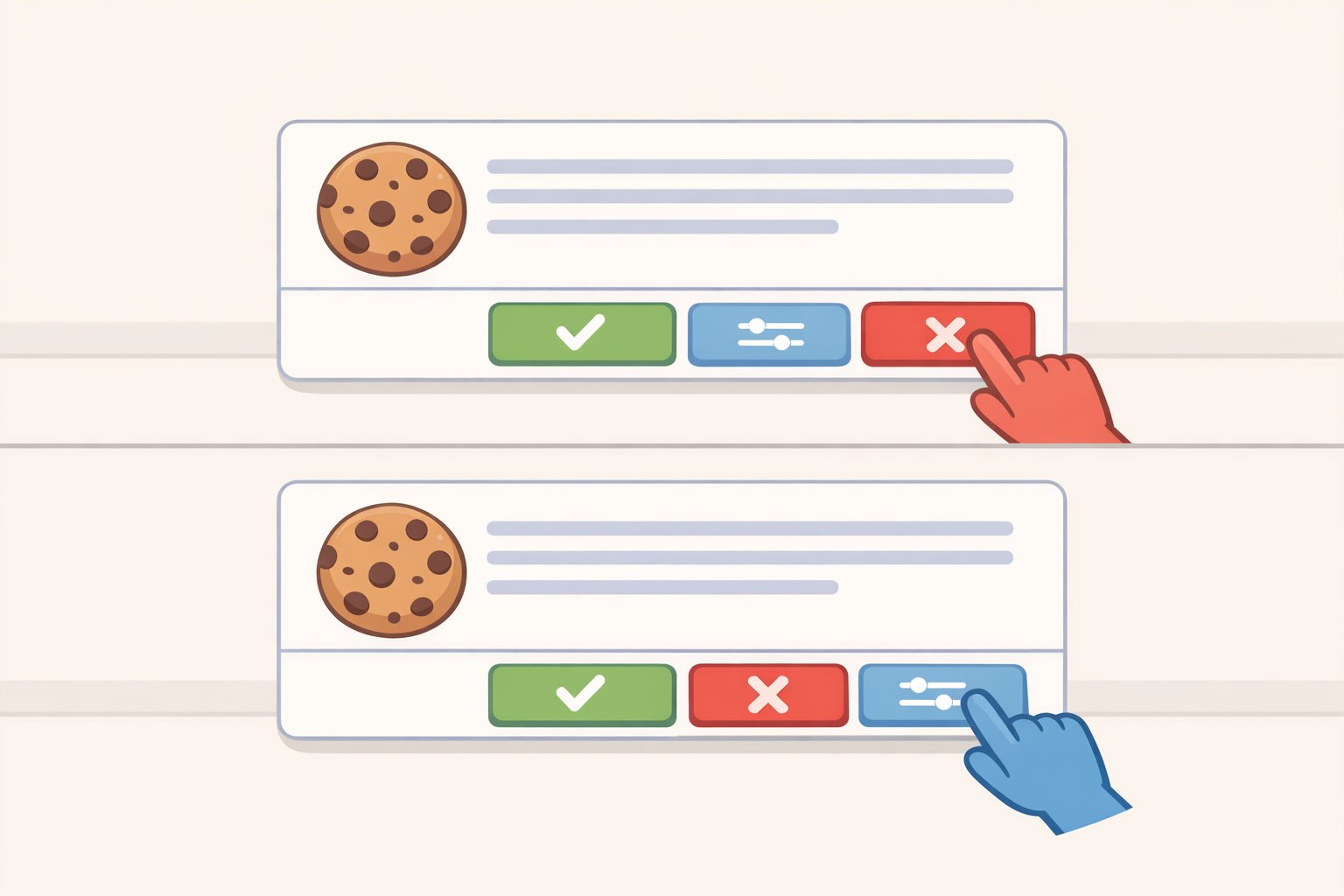 Screenshot-style illustration of a cookie consent banner with the user selecting Reject All or Manage Preferences to reduce third-party data sharing
