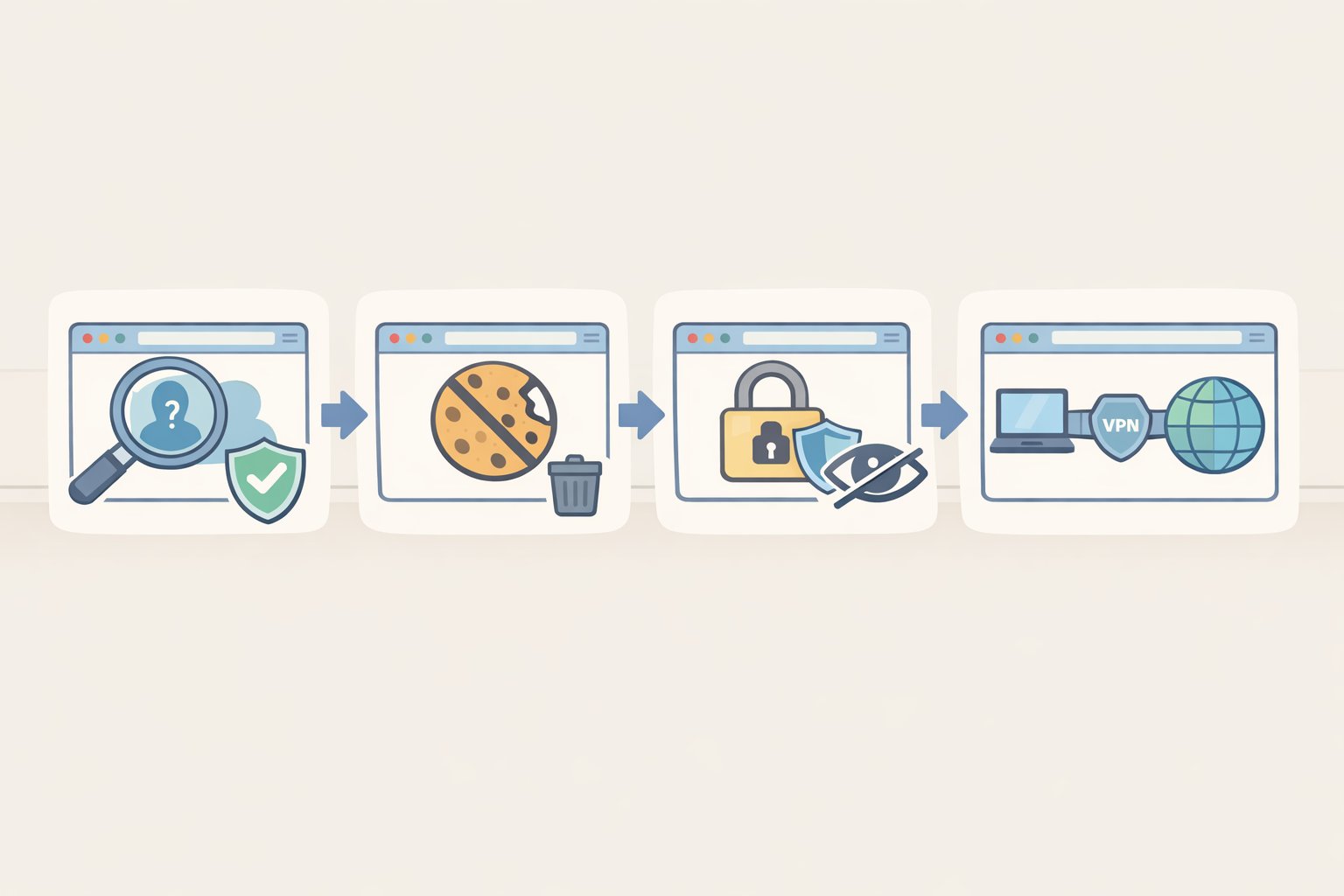 A four-step browser workflow illustrating how to stop websites from tracking you using strict tracking protection, a blocker extension, cookie consent rejection, and ad personalization opt-outs