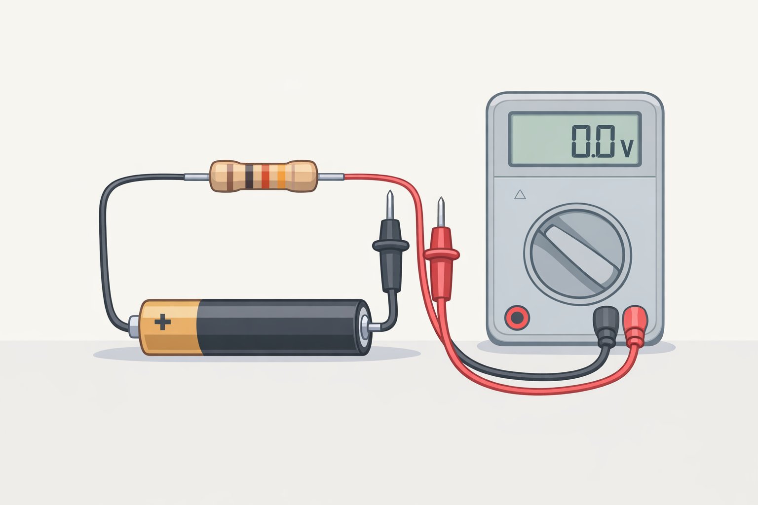 Illustration of running the AA battery load test by placing a 10–15 ohm resistor across the battery terminals and holding multimeter probes in place to read voltage drop after 10 seconds