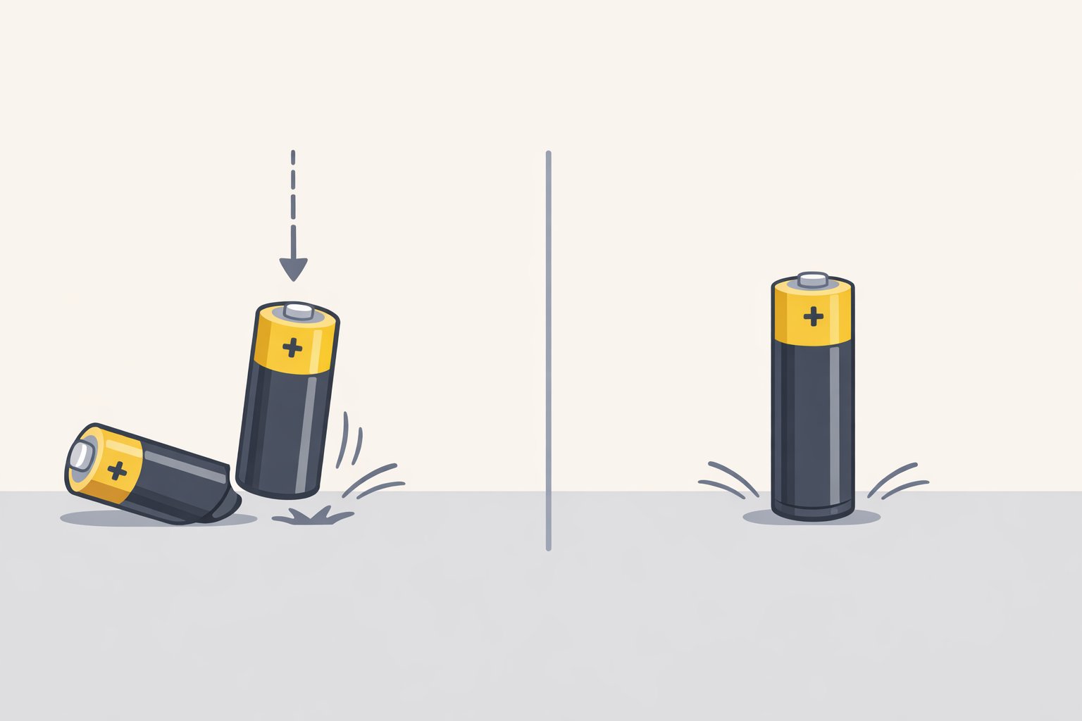 Illustration of how to perform the alkaline-only bounce test by dropping a AA battery positive-end up from about six inches onto a tile and watching it bounce or tip over