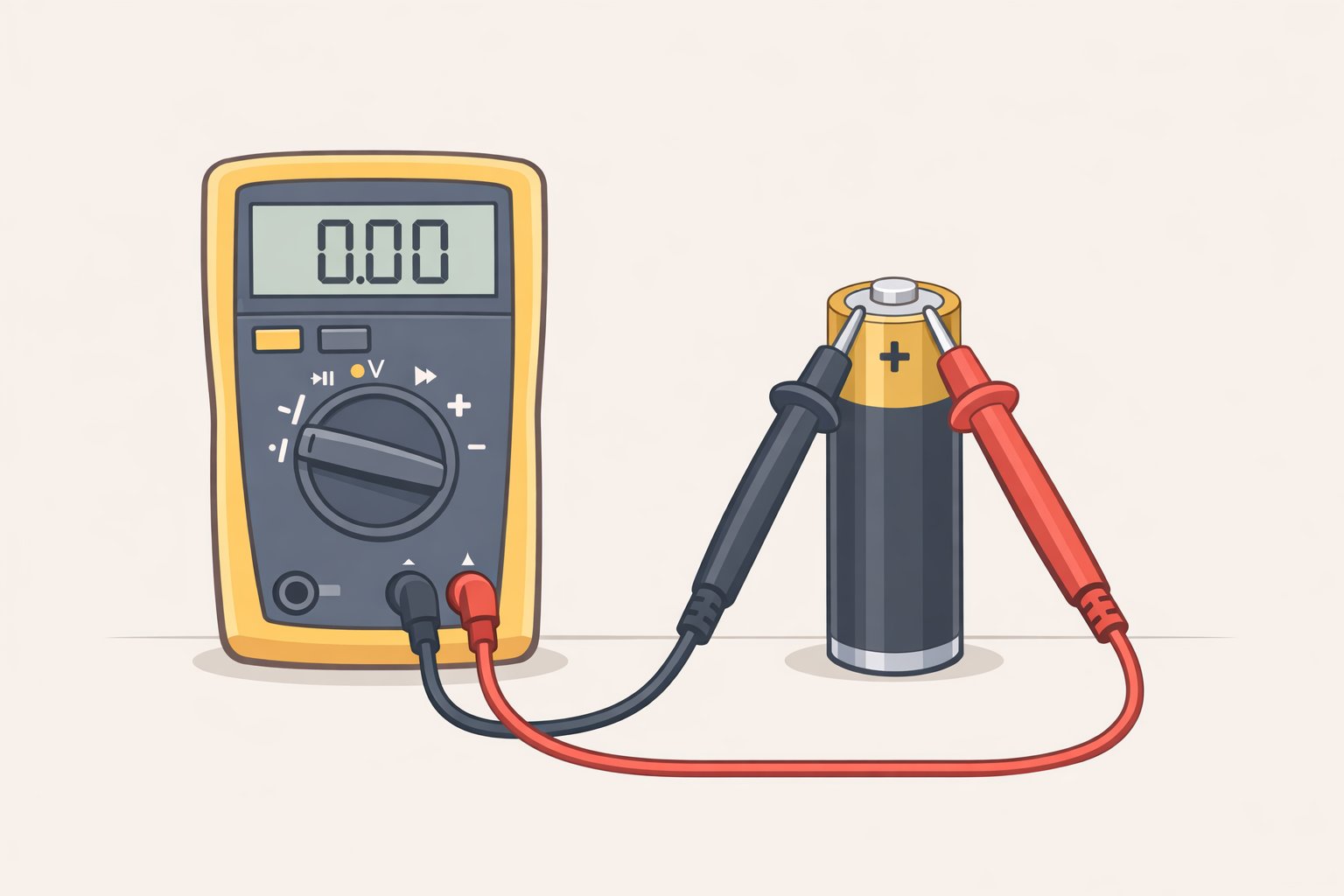Close-up of a digital multimeter set to DC voltage with the red probe on the AA positive terminal and the black probe on the negative terminal, demonstrating how to test AA batteries with a multimeter and read the stable voltage