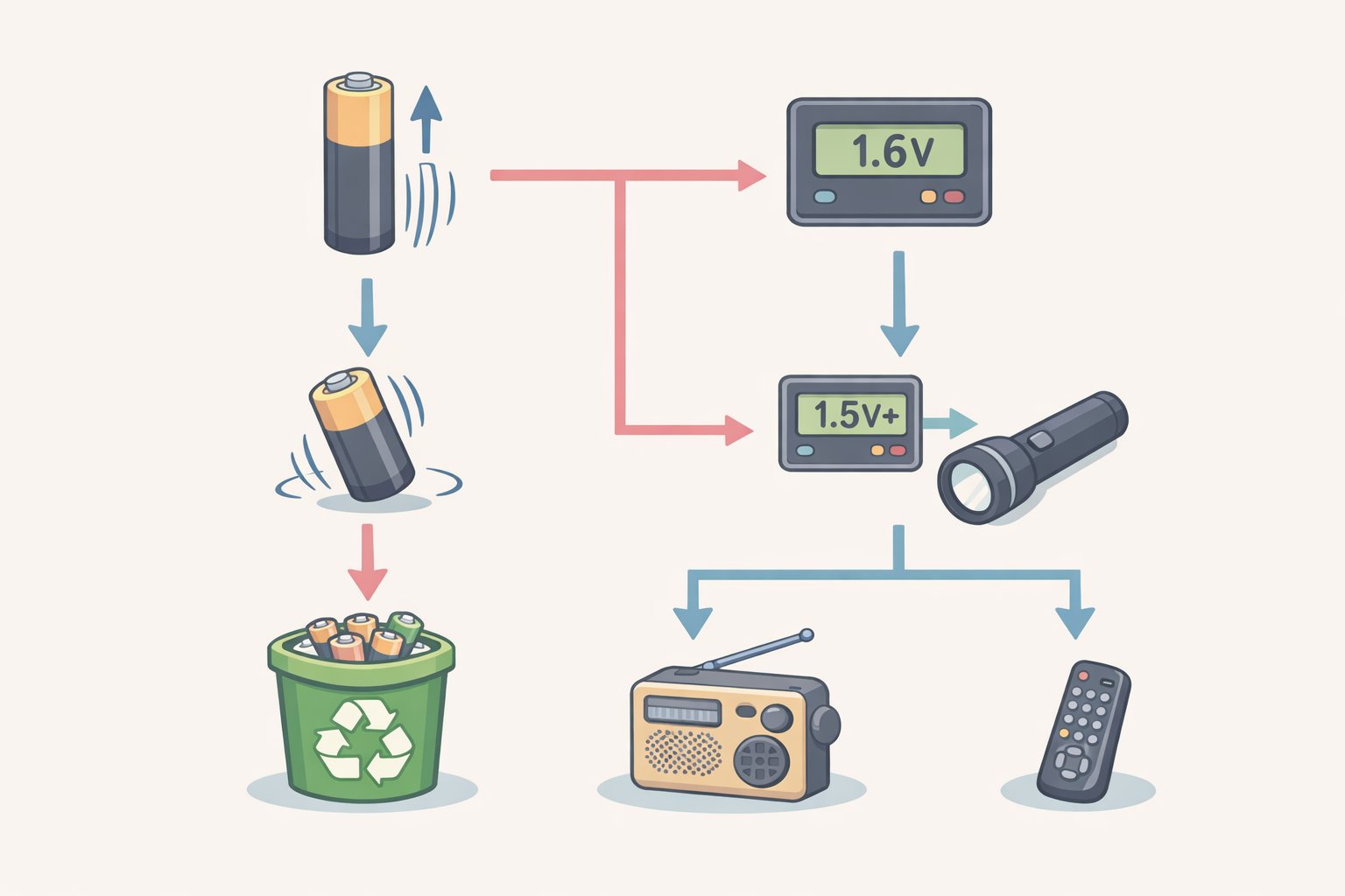 Diagram-style visualization of a results table showing bounce result, resting voltage, optional load-test drop, and the recommended action for alkaline, lithium, and NiMH AA batteries