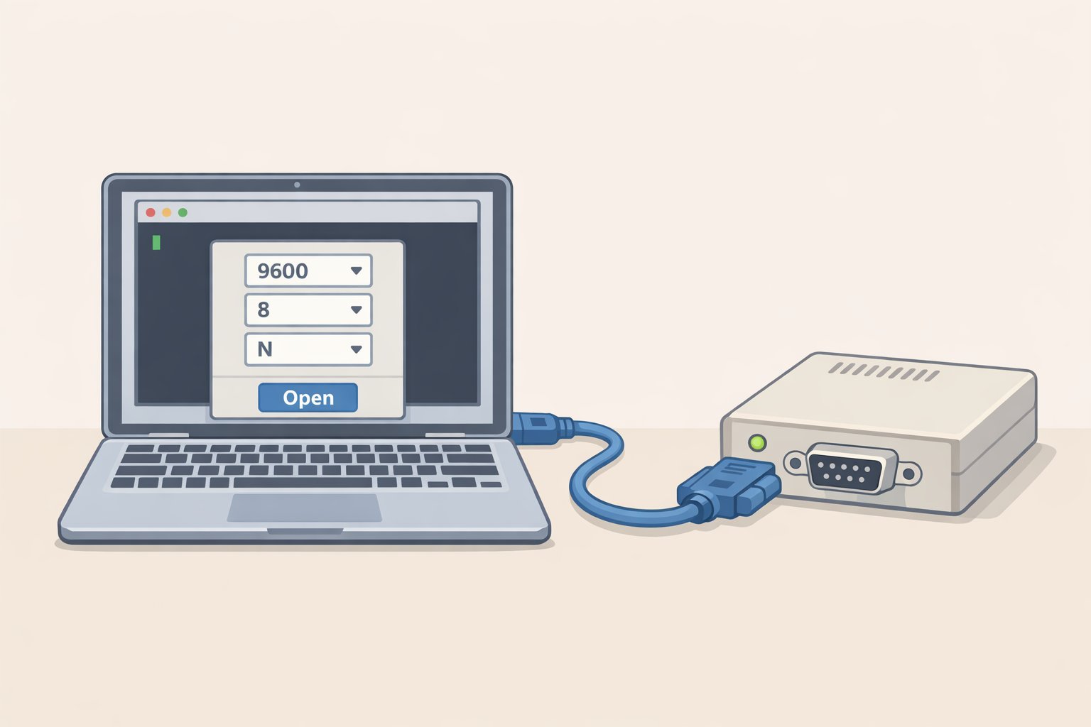 Illustration of a terminal session selecting the correct serial device node and configuring parameters (9600 baud, 8 data bits, no parity, 1 stop bit) for RS-232 control