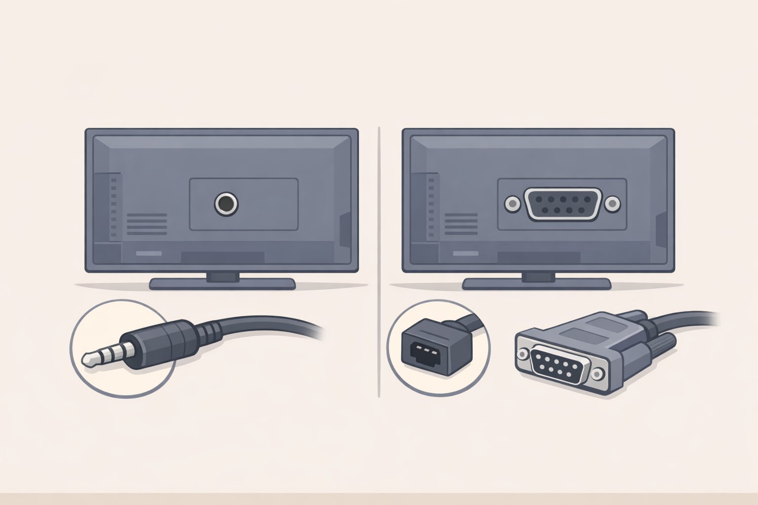 Illustration of TV RS-232 port connector types (phone-jack RS-232C IN versus DB9) with the correct adapter cable and a mismatched generic serial cable for how to use a TV RS-232 port for home automation
