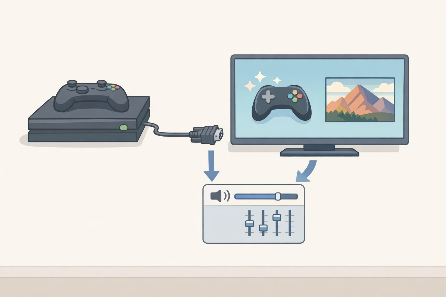 Illustration of a smart plug detecting a PS5 gaming session and triggering RS-232 commands that switch the TV input and apply picture and audio settings without using HDMI-CEC