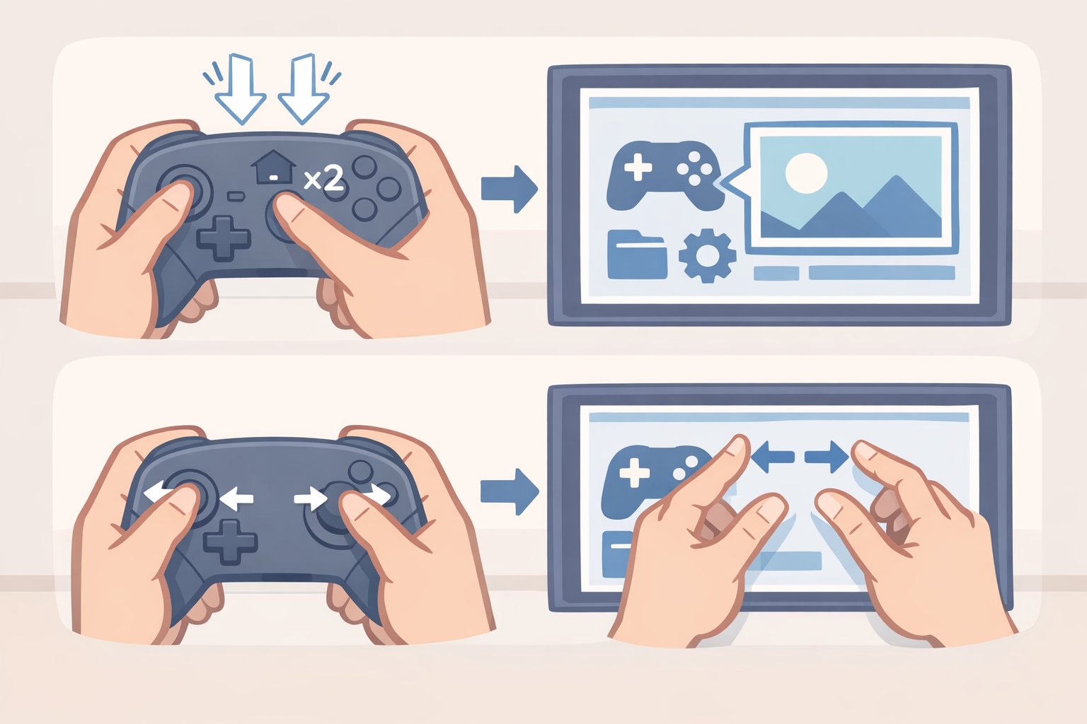 Nintendo Switch 2 screen zoom control where a user presses HOME twice to magnify a system menu item and then adjusts the zoomed area