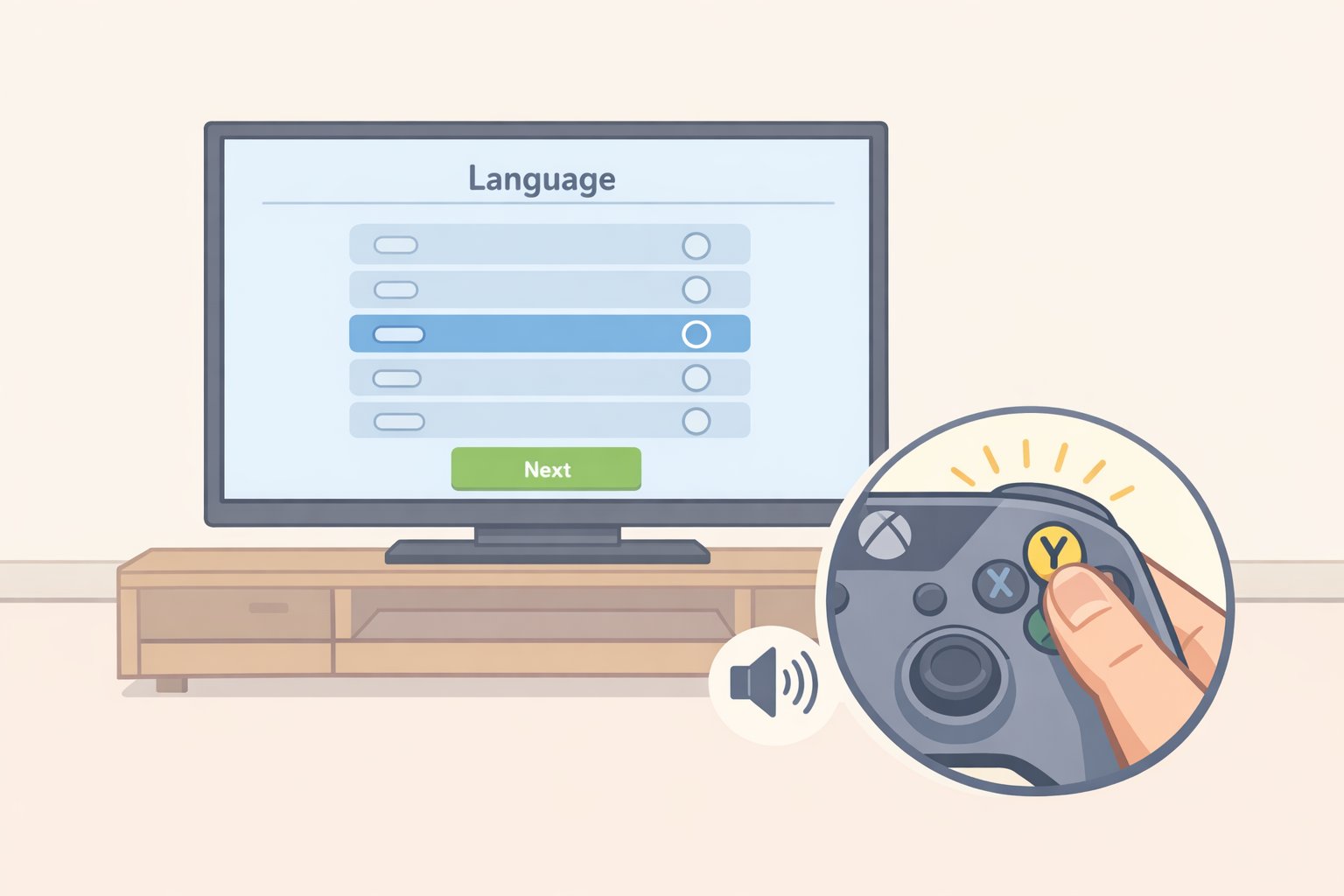 Nintendo Switch 2 accessibility features setup screen where holding the Y button enables text-to-speech on the language selection screen