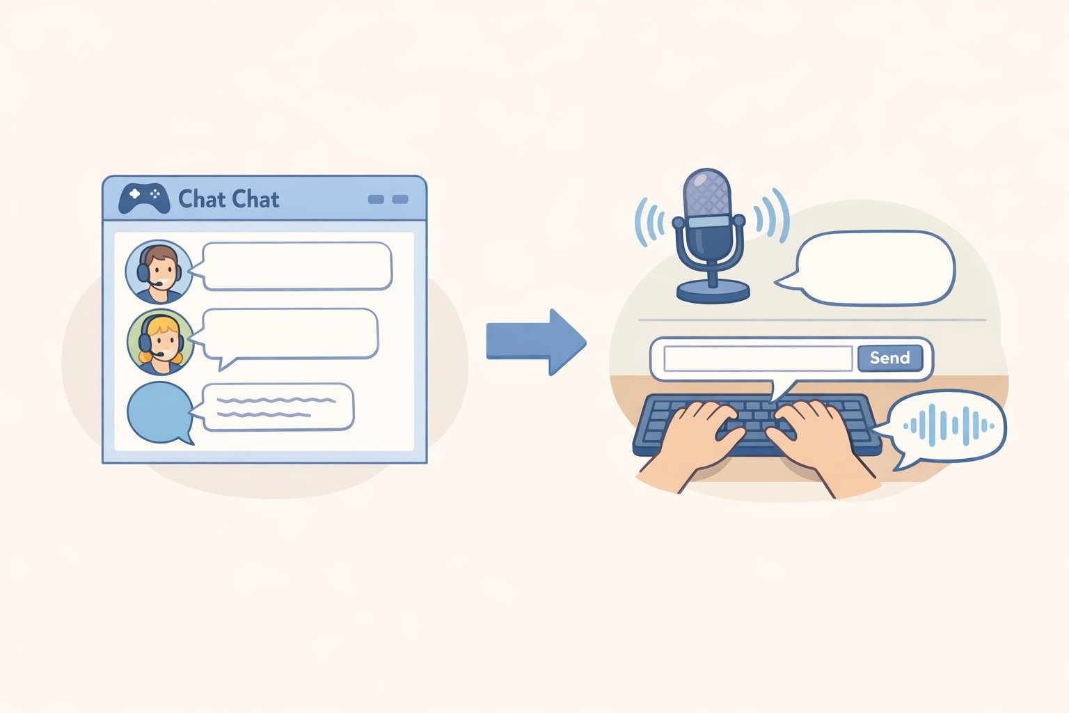 GameChat interface with speech-to-text transcription in a chat box and a setting toggle to convert typed text to speech for other players