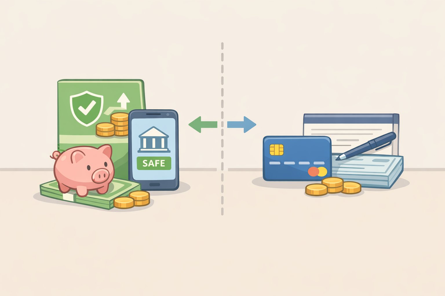 Illustration of a dedicated emergency fund savings account separated from checking to keep unplanned expense money easily reachable but protected