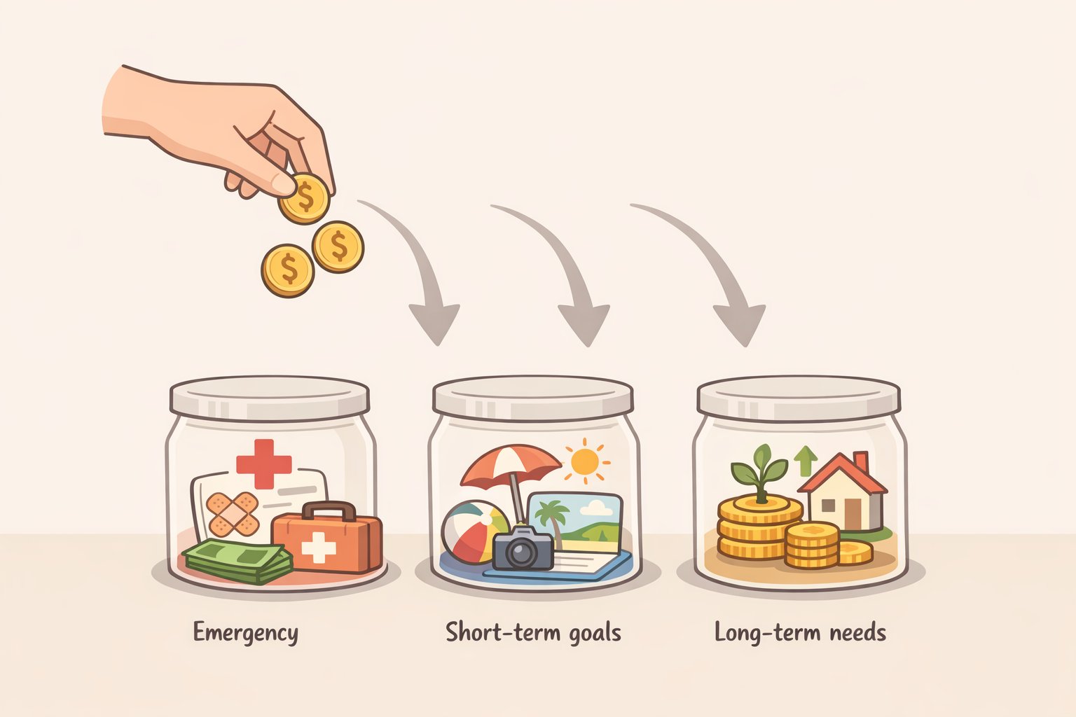 Illustration showing money assigned to different buckets—emergency fund in a separate savings account, short-term goals in high-yield savings or CDs, and other funds kept from accidentally mixing