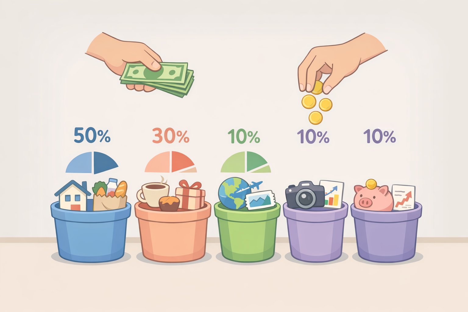 A pie chart-style illustration showing how 60% or less of take-home pay goes to essentials, 30% to nice-to-have spending, 10% to near-term goals and emergency savings, and 15% of pre-tax income to retirement—supporting saving habits to build wealth by clarifying where money goes
