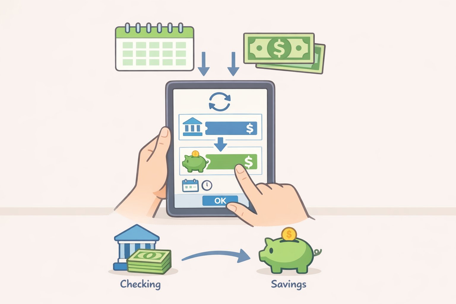 A screenshot-like illustration of an online banking schedule for recurring transfers sending money from checking to savings on each paycheck