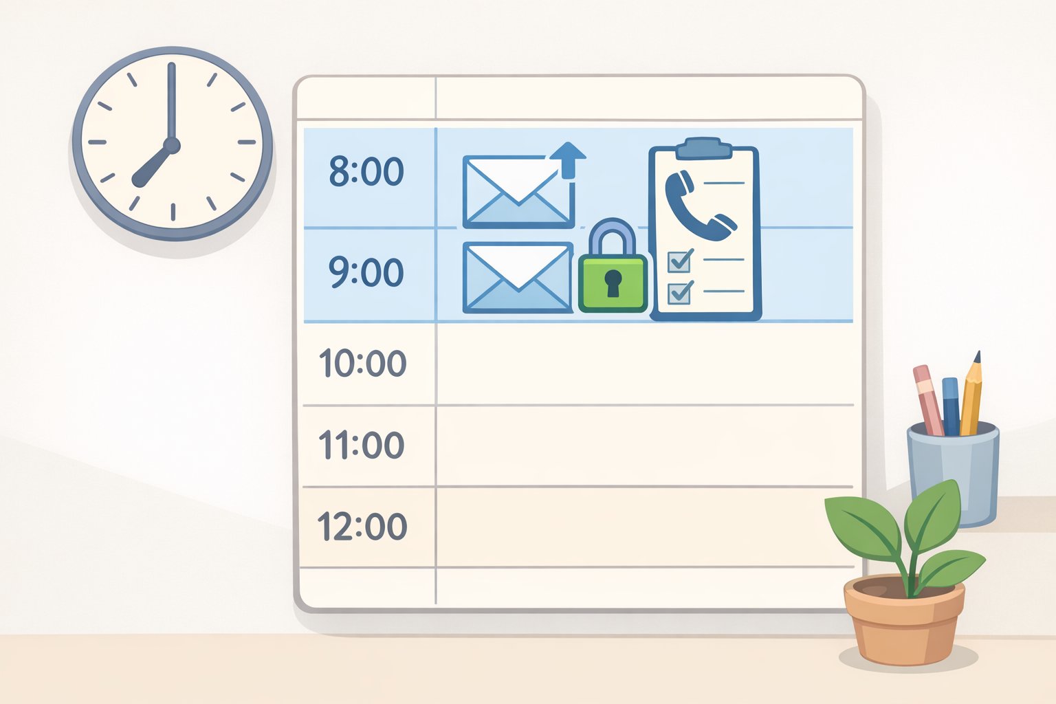 Illustration of a daily planner schedule with the first two hours blocked for calls, follow-ups, and consultations, while market news and social media are pushed later