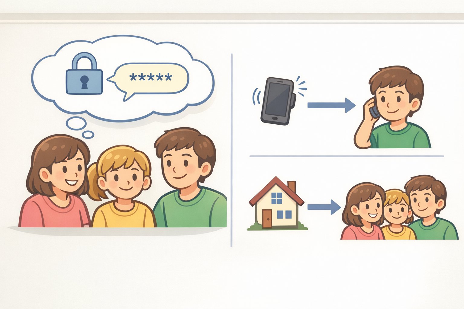 Illustration of a family scam-prevention card showing a shared code word and a callback method to help spot AI fake payment scams