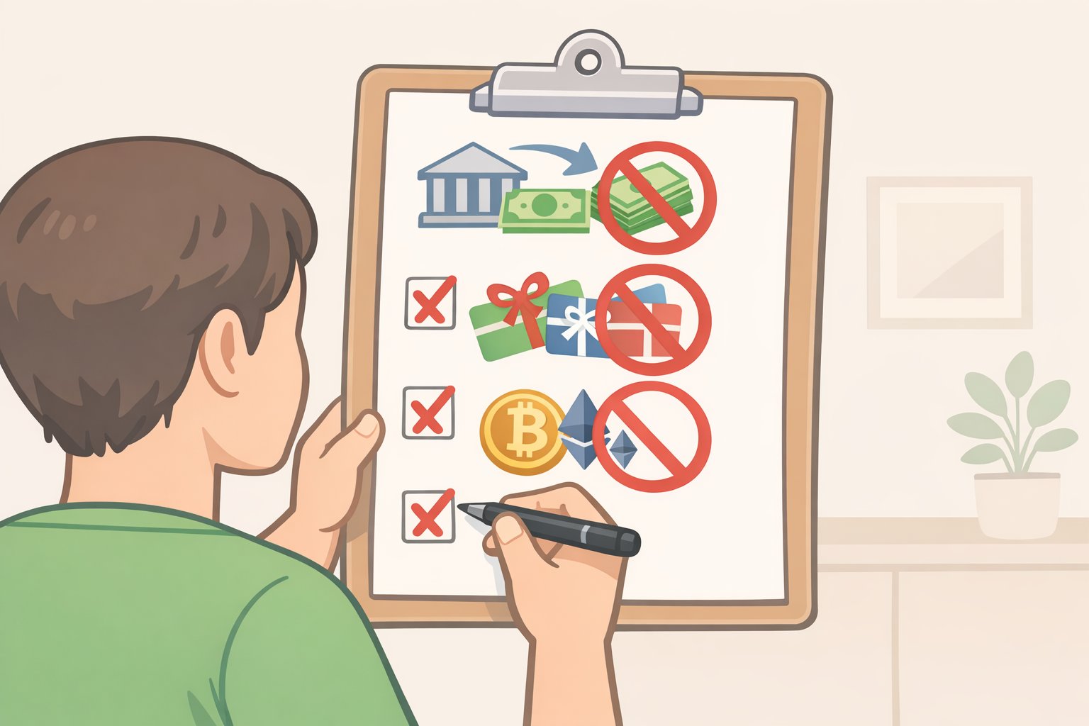 Illustration of a scam request card highlighting wire transfers, gift cards, cryptocurrency, and payment apps with a warning label about irreversible payments