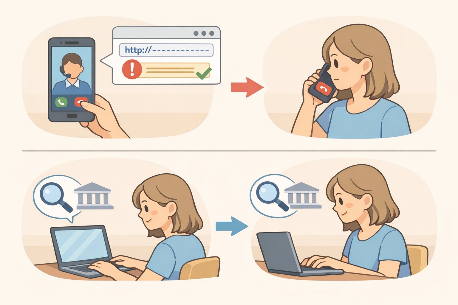 Illustration showing a scammer-controlled phone number and link being ignored while a user independently navigates to an organization's official website to verify