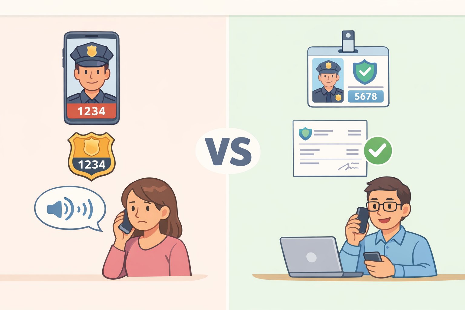 Illustration of an incoming call screen with a government logo and an invoice with a familiar company seal, alongside a note to verify using official contact details