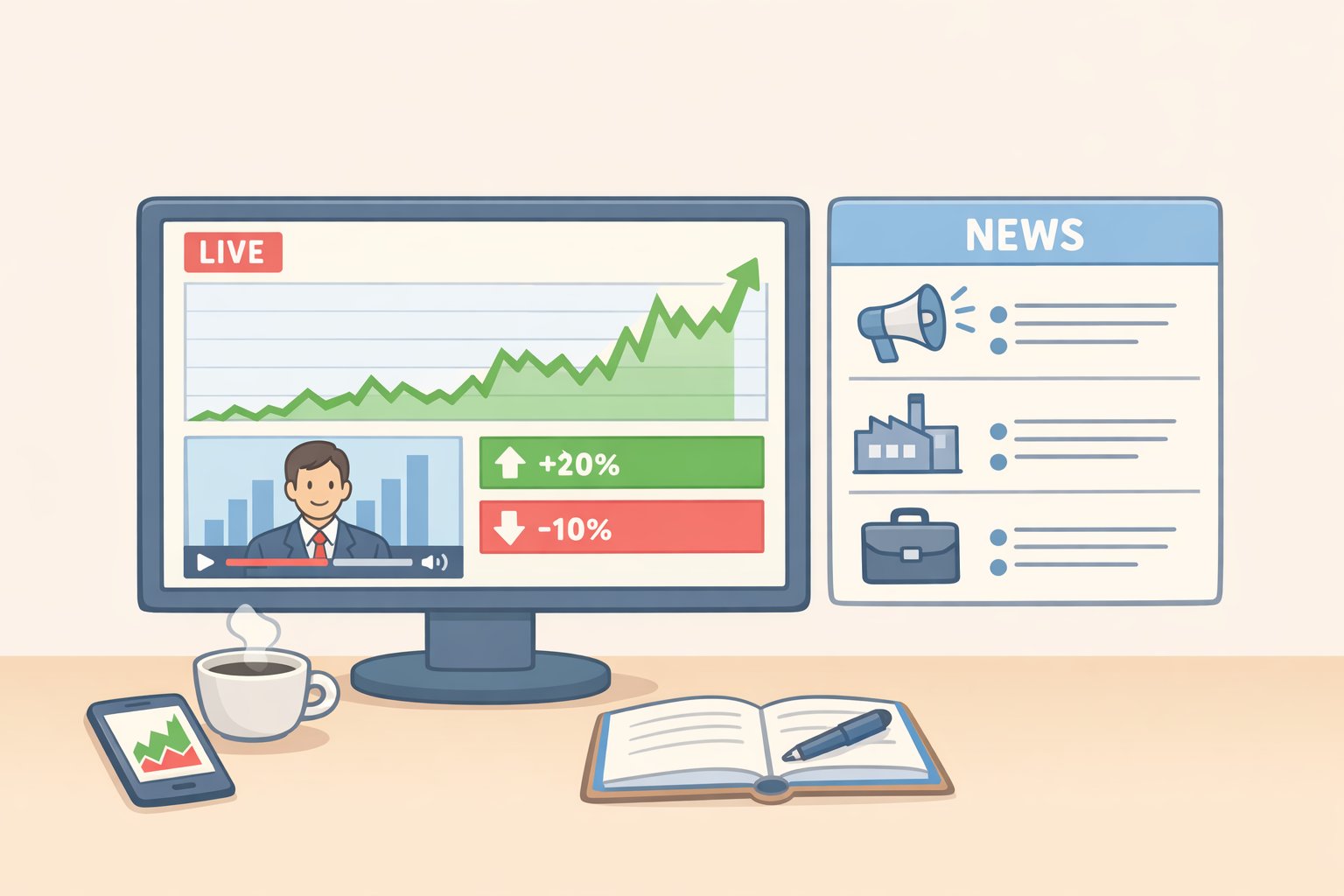 Illustration of an AlphaSpace dashboard with a live video panel and scrolling earnings headlines positioned next to the stock chart for real-time reaction