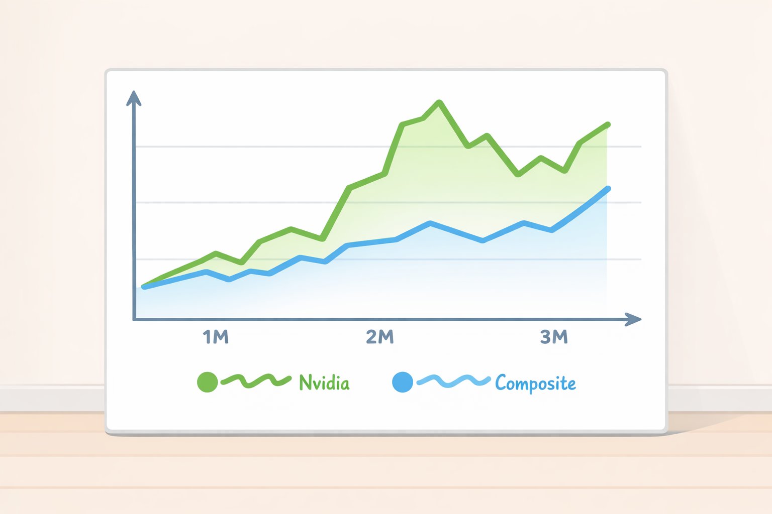 Illustration of a two-line chart showing Nvidia tracking and then slightly outperforming the Nasdaq Composite during the past three months