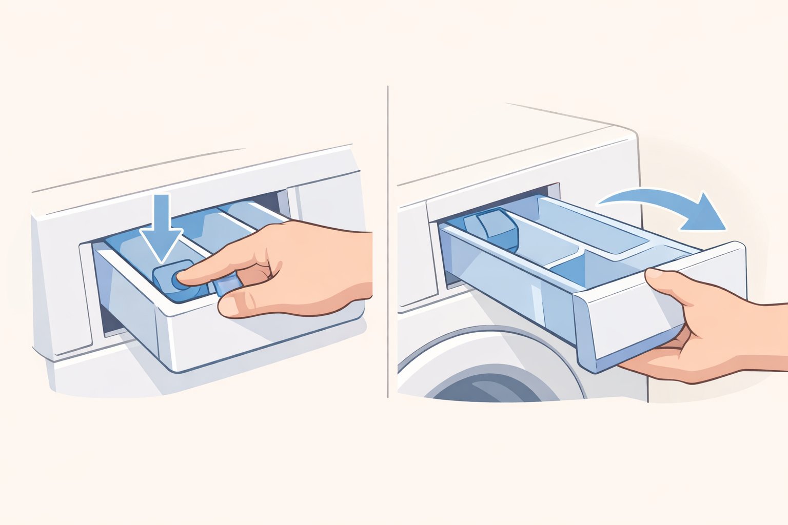 Step-by-step guide showing how to remove a washing machine detergent drawer by pressing the marked release tab, revealing pre-wash, main detergent, and fabric softener compartments
