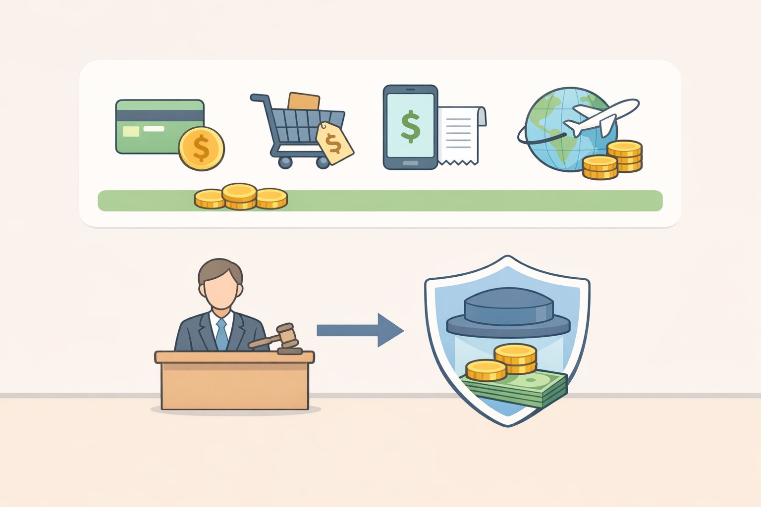 Visual summary of Merrick Bank CD fee categories (wire, statement, notice, stop payment, return, check, filing) and arbitration cost cap details