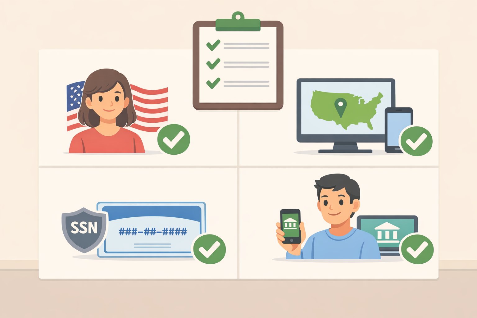Checklist-style graphic illustrating eligibility requirements for the Merrick Bank review, including U.S. residency, Social Security Number, U.S. address, U.S. IP, and Banno enrollment