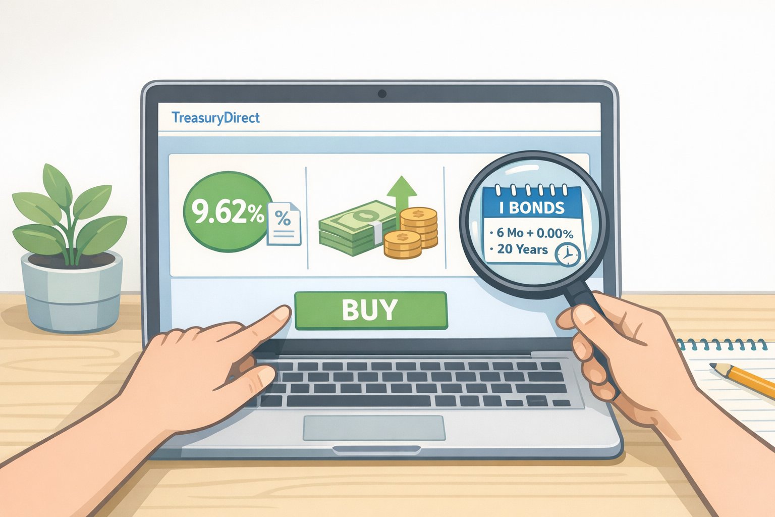 Screenshot-style illustration of TreasuryDirect steps where a saver checks the current composite rate, purchase limits, and bond terms before purchasing a Series I bond