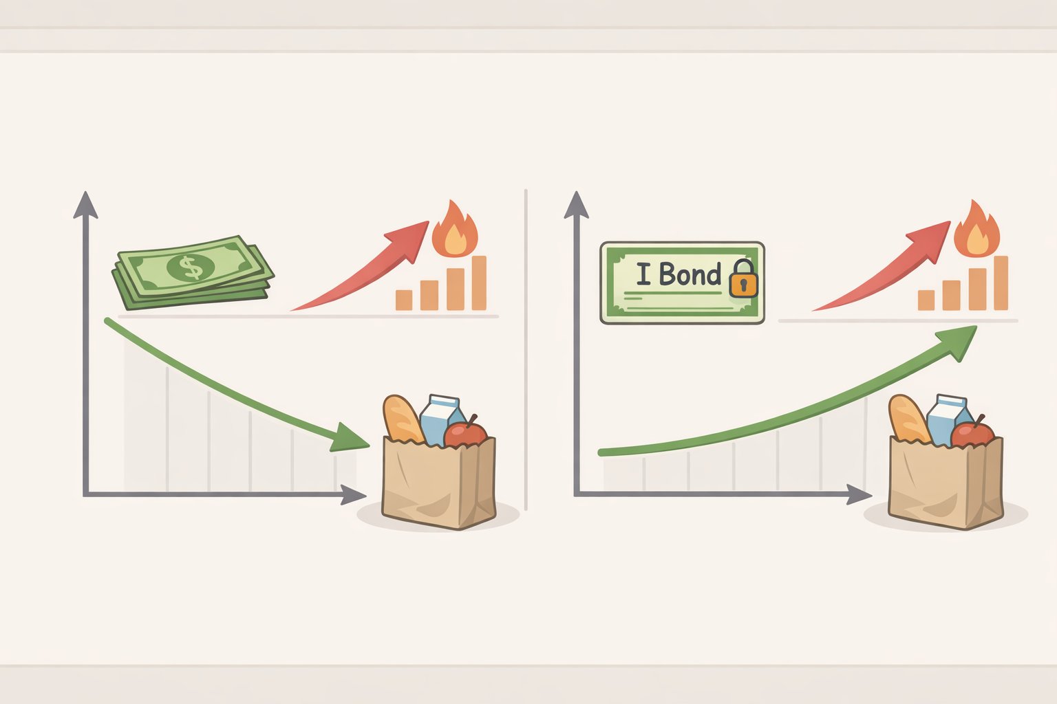 Illustration comparing a plain bank account whose value shrinks in real terms during inflation versus I bonds designed to protect savings against inflation for money not needed right away