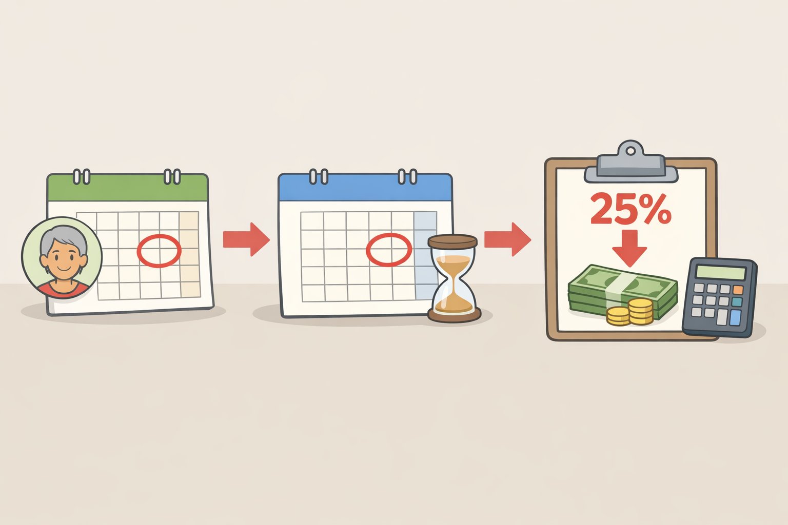 Illustration of a retirement checklist showing RMD start age (72/73 depending on timing), the December 31 deadline, and a callout depicting a 25% excise tax on the missed distribution amount