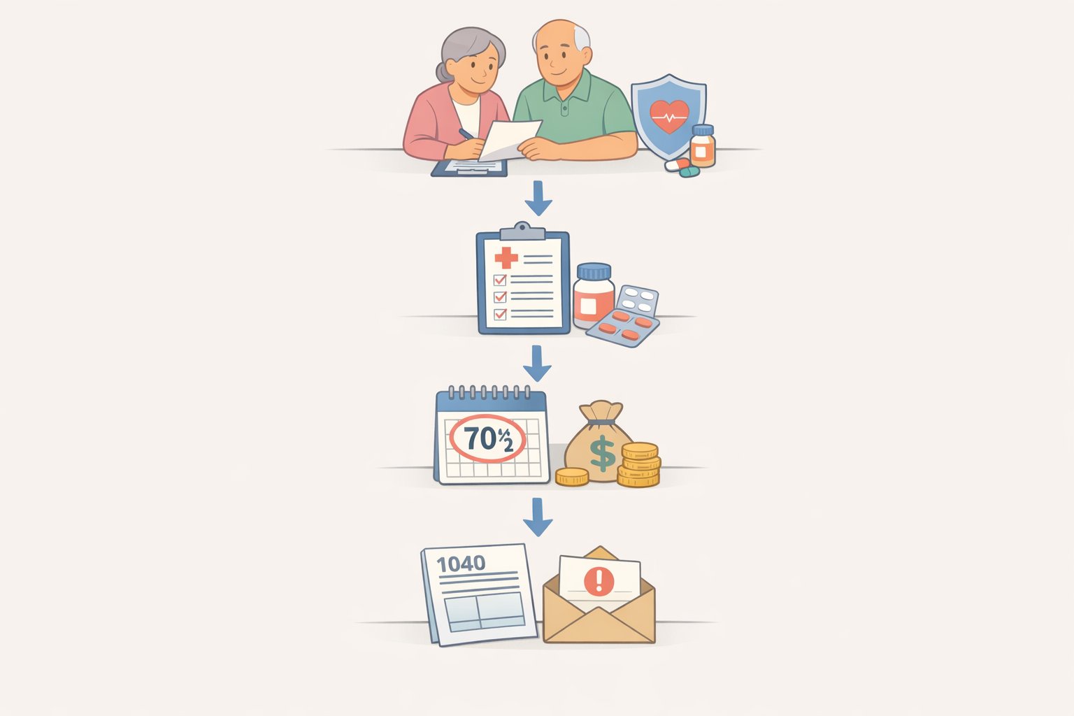 Flowchart illustration that orders the first actions to address retirement financial risks in 2026: long-term care cost check, Medicare Part D review before open enrollment, and RMD/pension/IRS notice handling