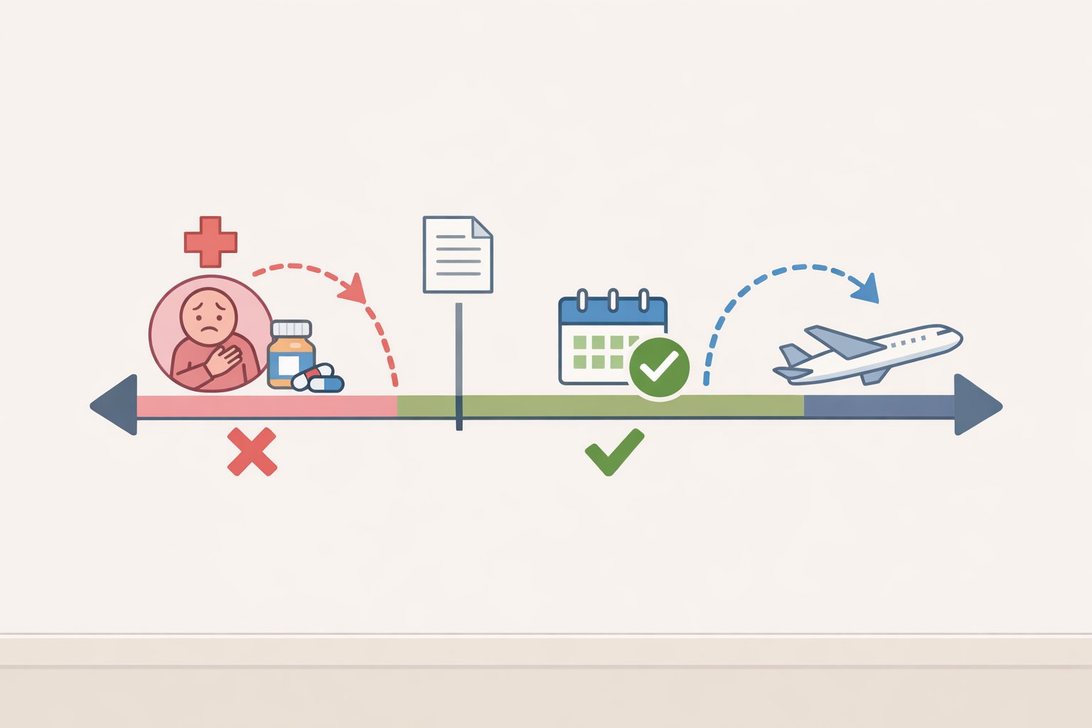 Timeline illustration of a pre-existing condition lookback period and a 14–21 day waiver purchase window to help explain why a claim may be denied