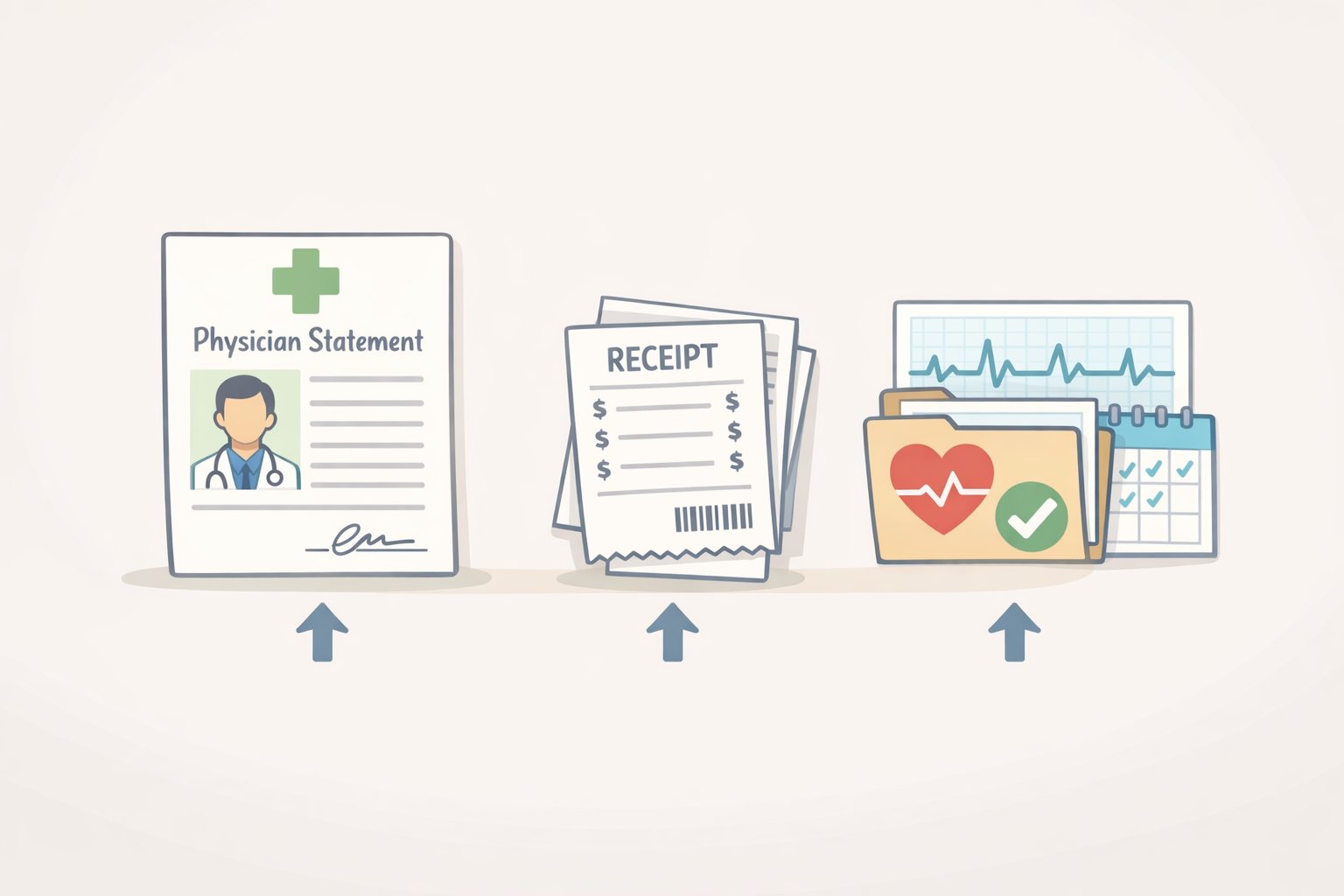 Checklist graphic of physician documentation, travel-prevention proof, and receipts needed for an illness claim, including guidance about does travel insurance cover illness and why proof matters