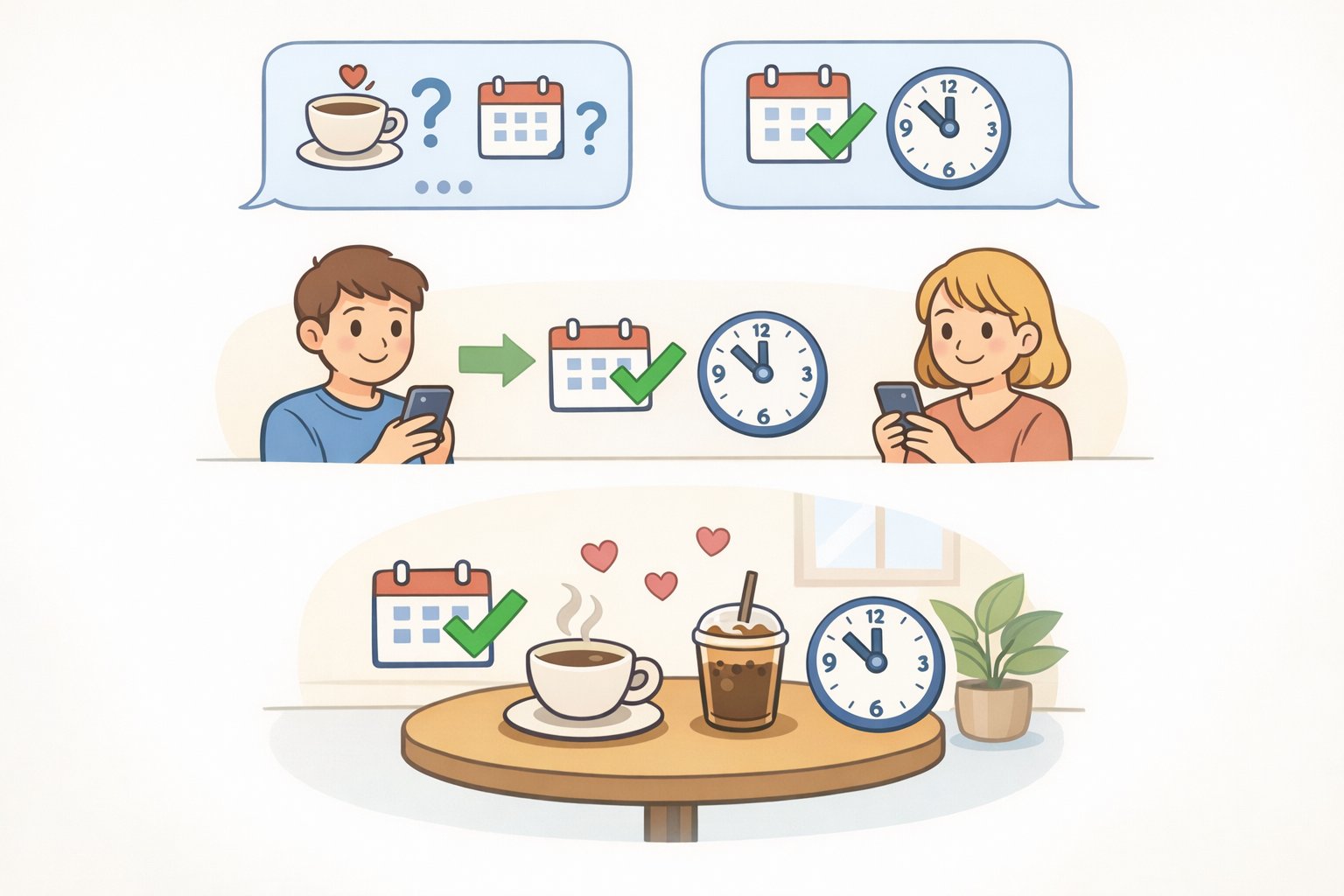 Illustration of a dating chat where one person suggests a simple first date like 'coffee Thursday' and the other responds