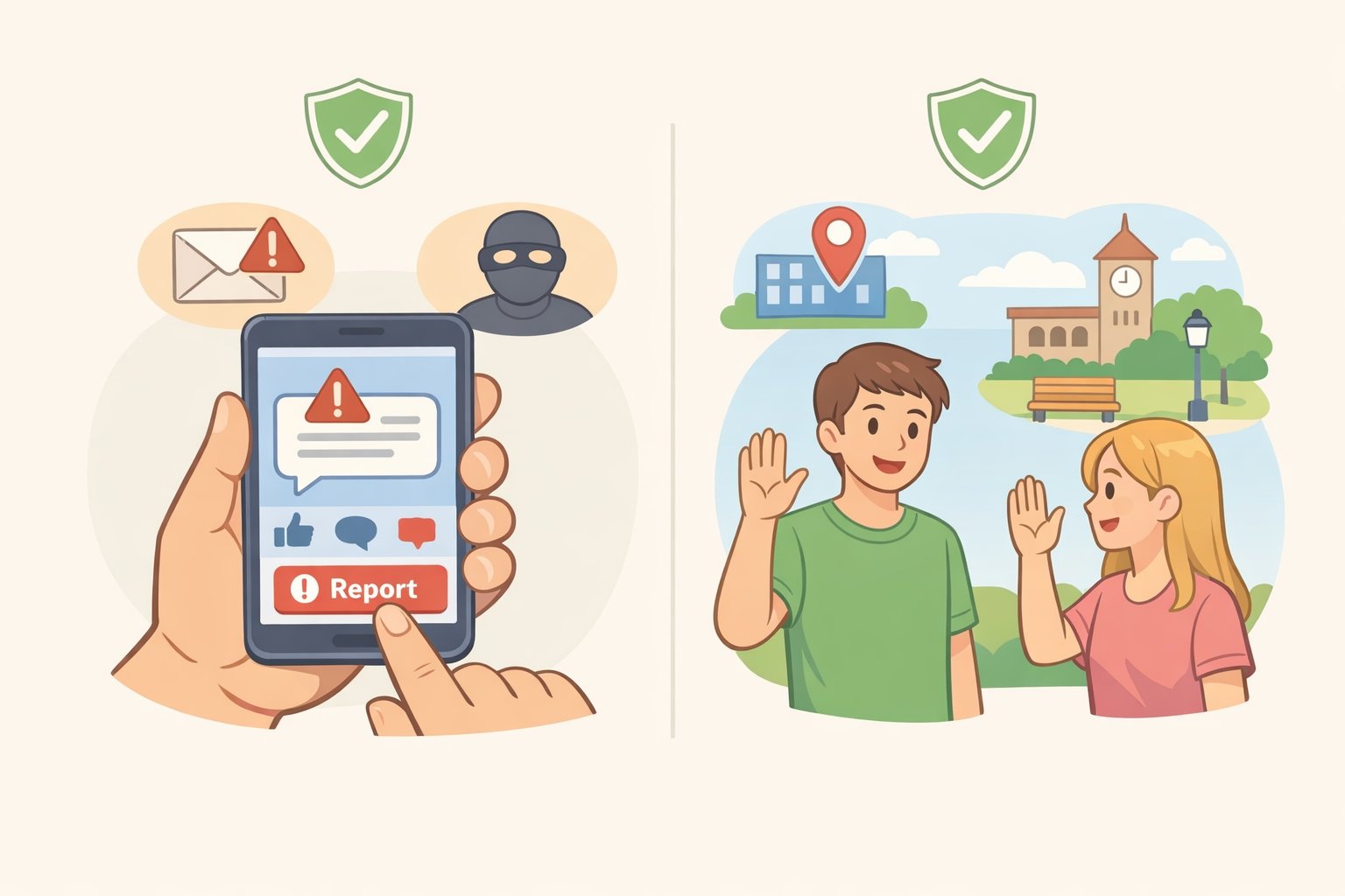 Illustration of a phone with a safety checklist and report button to address dating app scams, harassment, and unwanted messages