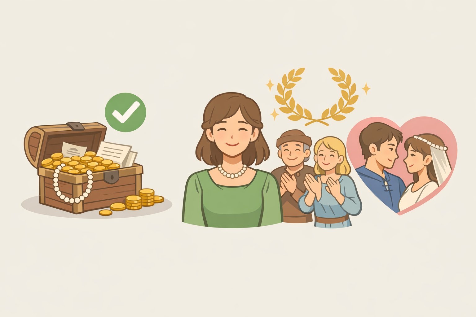 An infographic-style image showing Sophie's £18,000 dowry being recovered from fraud, Queen Charlotte formally recognizing Sophie’s status, and Benedict and Sophie preparing to marry