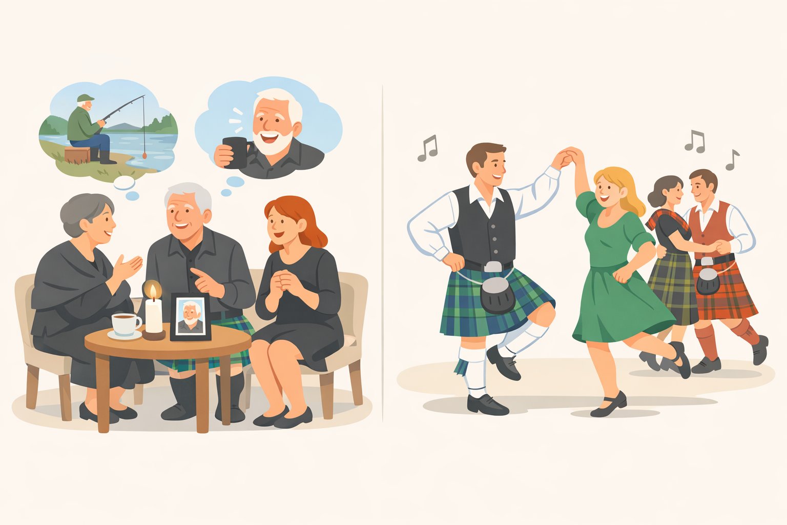 Illustration of Michaela leading a Scottish Highland wake for John Stirling with the Bridgertons and Stirlings sharing memories and dancing together
