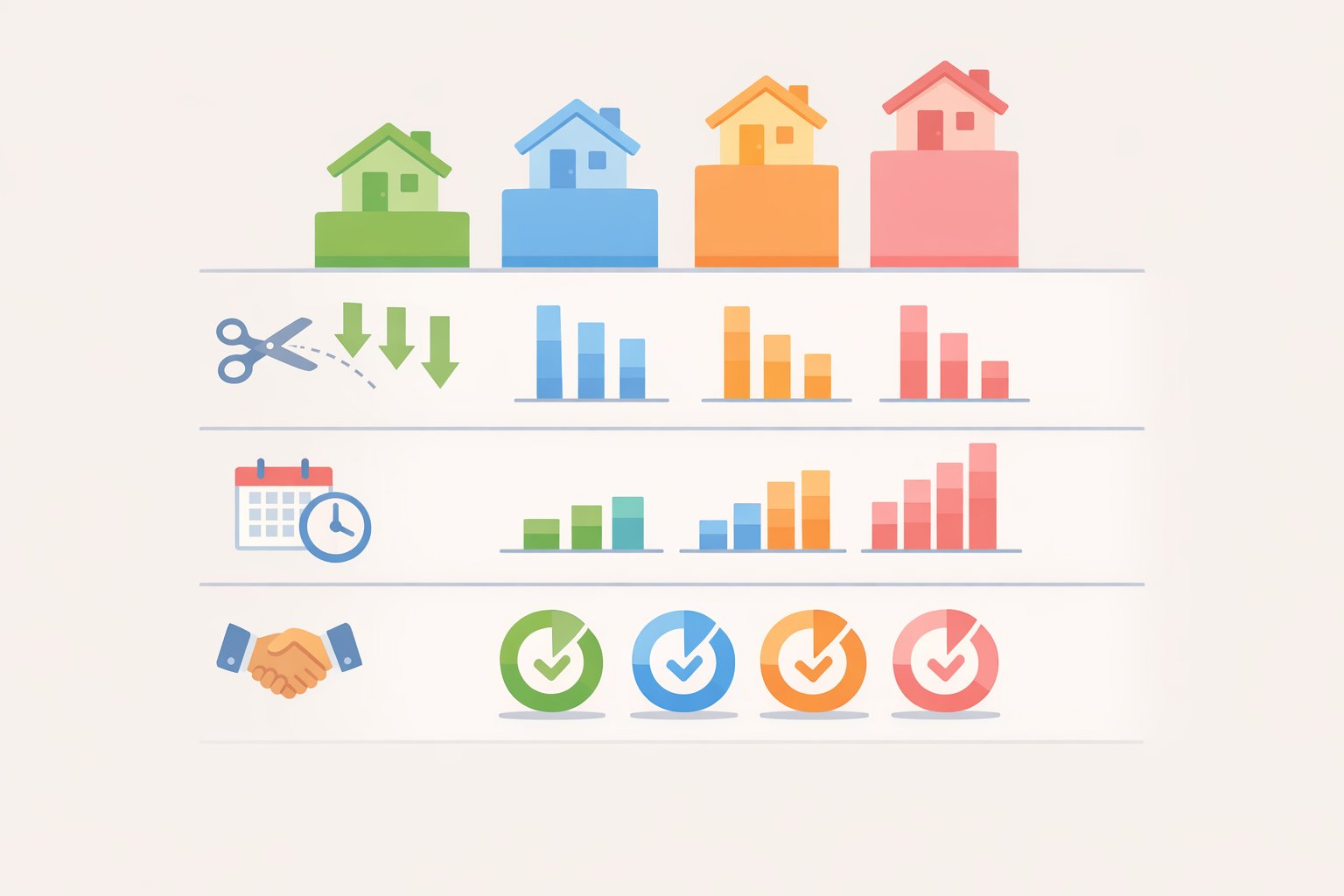 Illustration of a spreadsheet-style dashboard showing, by price tier, the share of listings with price reductions, average days on market, and contract-to-list ratio to translate market diagnosis into actionable signals