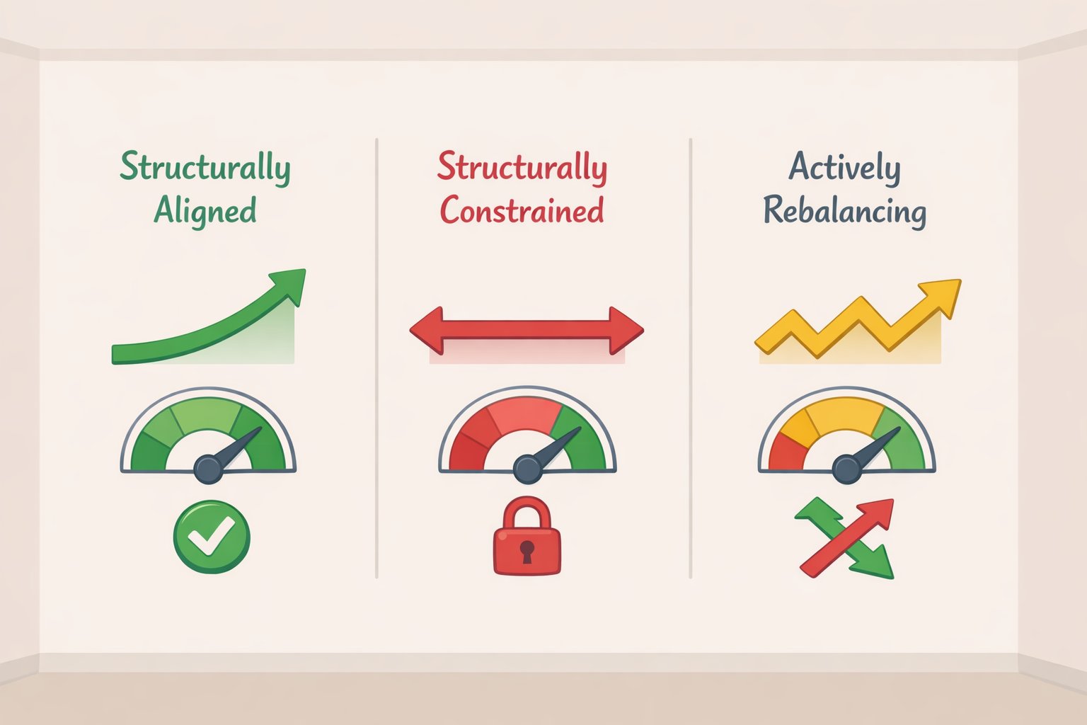 Diagram that divides markets into aligned, constrained, and actively rebalancing, with example alignment percentages and a trend arrow for markets improving over the last year