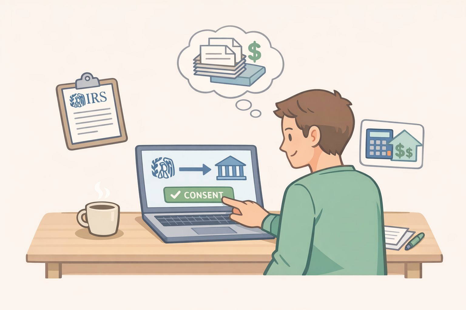 Step-by-step screenshot-style graphic of a borrower consenting to direct IRS income verification for Repayment Assistance Plan explained payment calculations