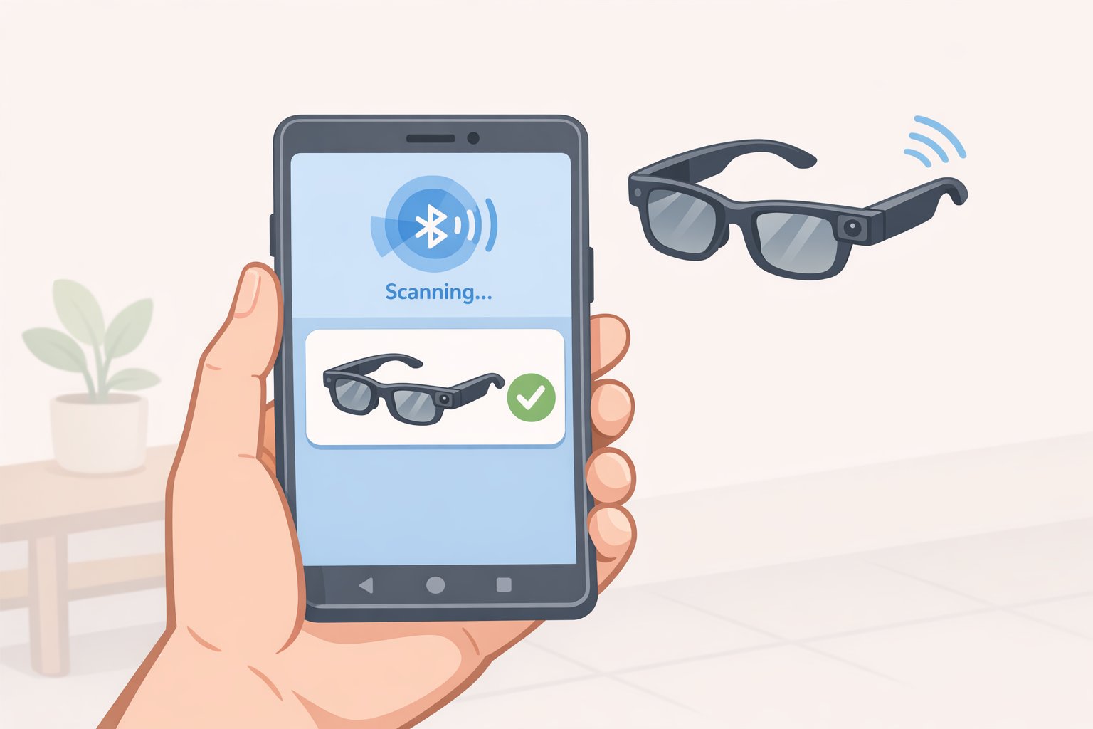 Android phone screen displaying a Nearby Glasses scan result and push notification for detected Bluetooth Low Energy signals from smart glasses