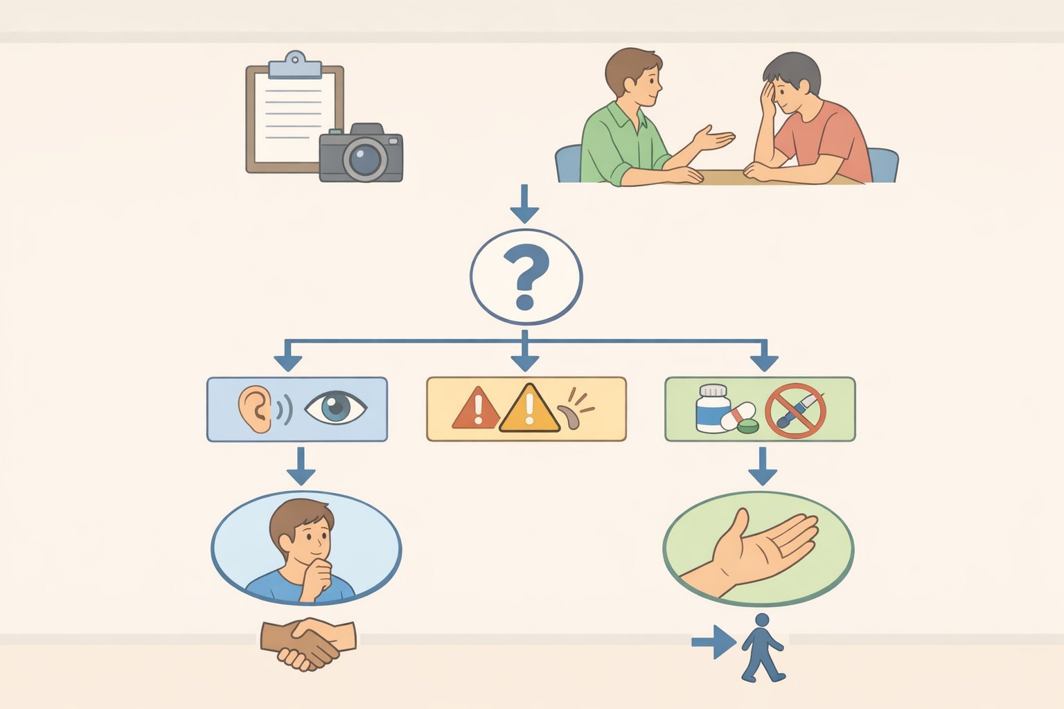 Flowchart-style illustration of the steps to document before you act, involve venue staff, and avoid physical escalation when covert recording is suspected
