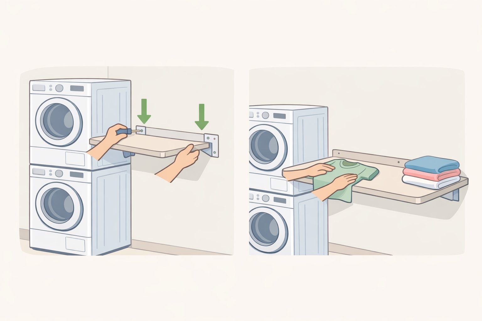 A small laundry room with a wall-mounted drop-down table and a dryer used as a shelf, illustrating how clean laundry is folded immediately during cycles (laundry room organization hacks)