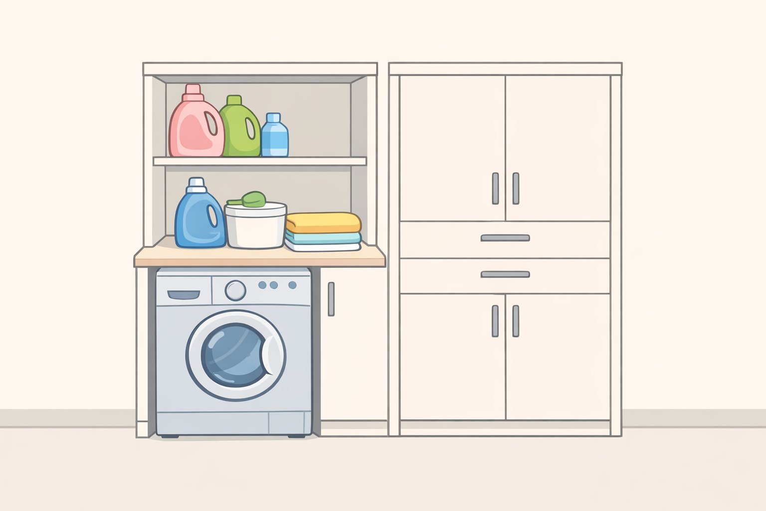 A zoned laundry room plan with detergent and folding supplies kept in the laundry zone, while mops, brooms, and cleaning sprays are stored in a closed secondary-function cabinet