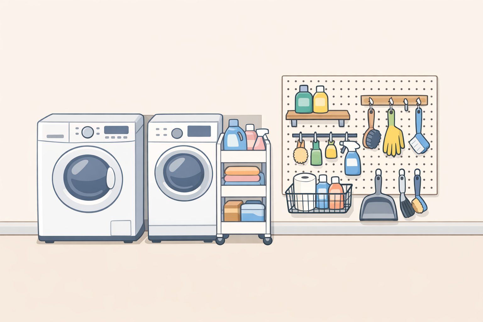 Laundry room layout showing a slim rolling cart between the washer and dryer for detergents, plus a pegboard/slat wall with hooks and baskets for frequently used supplies